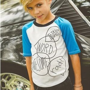 Joah Love “Rylan Word Bubble” Raglan 1/2 Sleeve T Shirt White/Blue/Black SZ 10